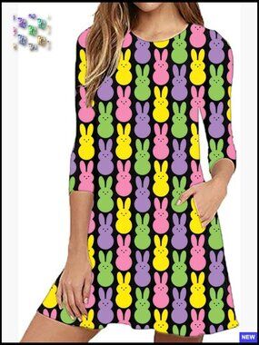 Easter Bunny Print Swing Dress Long Sleeve Casual Holiday Party Wear